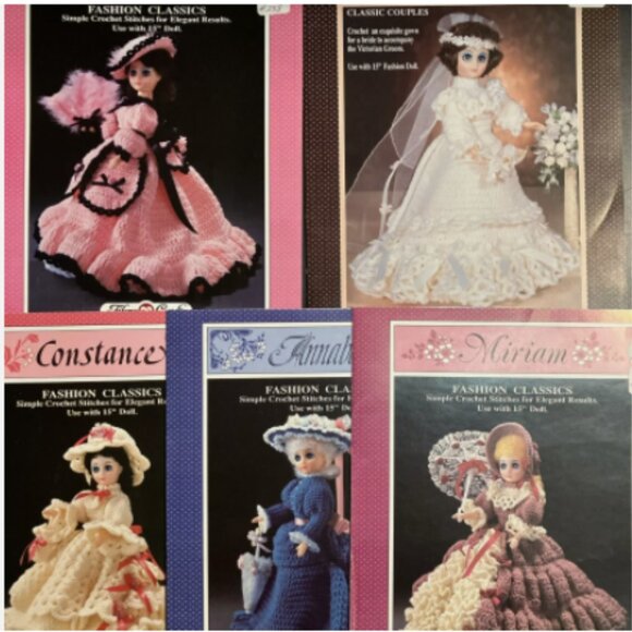 5 Fibre Craft Doll Crochet Patterns Lilly Annabelle Miriam Constance Victorian - Picture 1 of 5